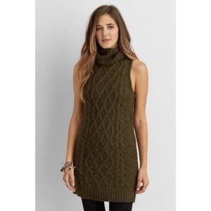 Olive Cable Knit Sleeveless Turtleneck Dress
